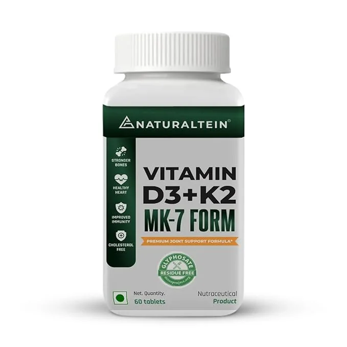 NATURALTEIN Vitamin D3 + K2 Supplement | 600 IU Plant-Based D3 & 55 mcg MK-7 K2 | 60 Unflavoured Tablets for Bone, Muscle & Calcium Support