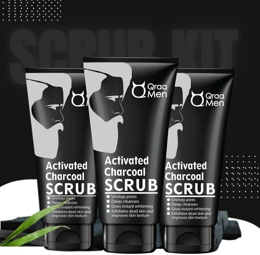 Qraa Activated Bamboo Charcoal Scrub with Essential Oils,For deep cleansing pack of 3 Scrub (300 g)