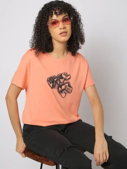 YOUSTA Women Typographic Print Regular Fit Round-Neck T-Shirt