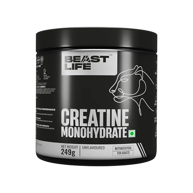 BEASTLIFE Super Micronized Creatine Monohydrate – 249g Unflavoured Powder | 83 Servings | NABL Lab Tested | Premium Sports Nutrition for Strength & Performance