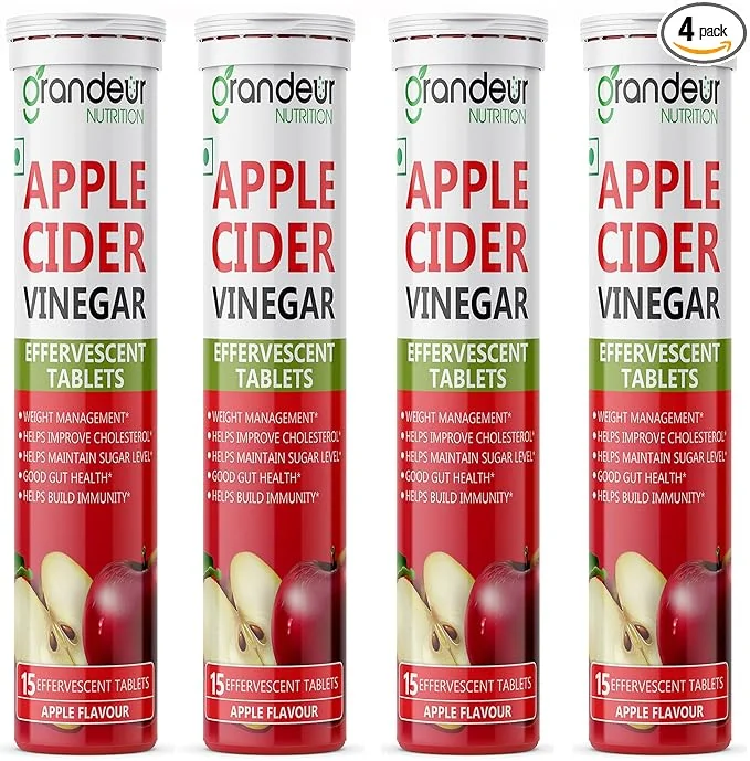 GRANDEUR The Plant Based Apple Cider Vinegar Tablets For Weight Management, Easy Disgestion, Acv For Weight Management With Pomegranate Extract, Vit B6, B12 - Pack Of 4, 4 count, 15 capsules