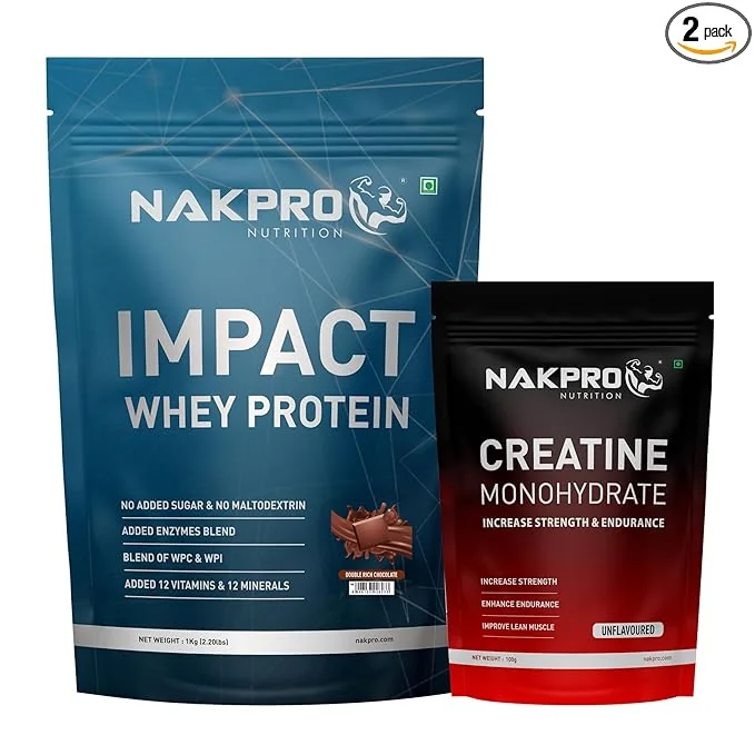 NAKPRO Impact Whey Protein 1kg, Double Rich Chocolate | Isolate & Concentrate | 24g Protein & 4.9g BCAA | NAKPRO Micronised Creatine Monohydrate Powder, 3g Creatine/Serve (100g, Unflavoured) Combo