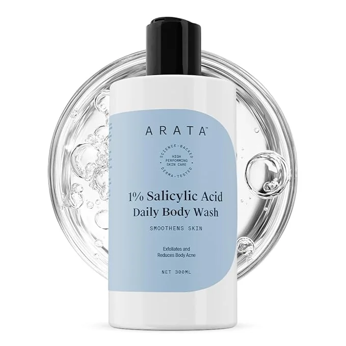 Arata 1% Salicylic Acid Body Wash (300ml) For Bacne, Bumpy & Strawberry Skin | Exfoliates, Cleanses & Smoothens Uneven & Rough Skin | Paraben & SLS Free | Body Shower Gel For All Skin types