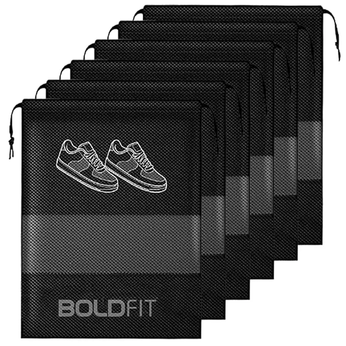 Boldfit Shoe Bag for Travel Bag for Man & Women Shoe Cover for Storage at Home Gym Reusable Travelling Accessories Organizer Pouch Travel Essentials Footwear Bags for Travelling Men -Pack of 6, Black