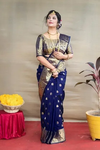 Omsaiarts  Woven Kasavu Silk Blend Saree  (Blue)