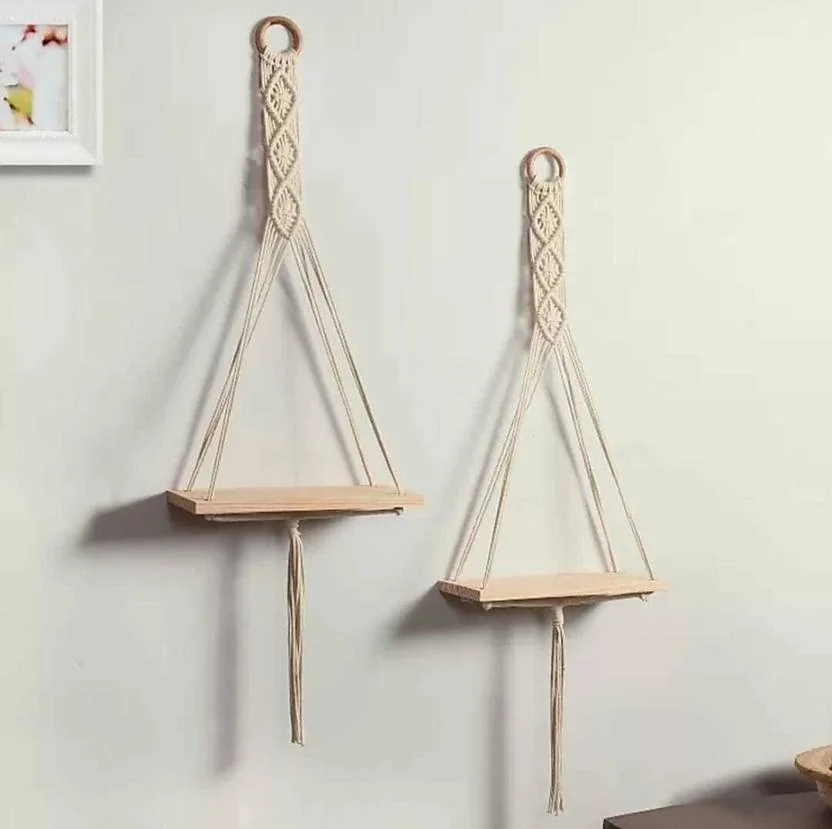 JANAKI SHOP Macrame Rope Hanging Used as Wall Decor for Home Decoration Wooden Wall Shelf  (Number of Shelves - 2, Beige)