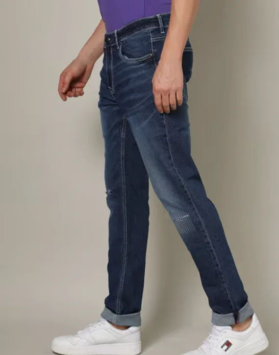 JACK & JONES Men Lightly Washed Knee-Slit Slim Fit Jeans