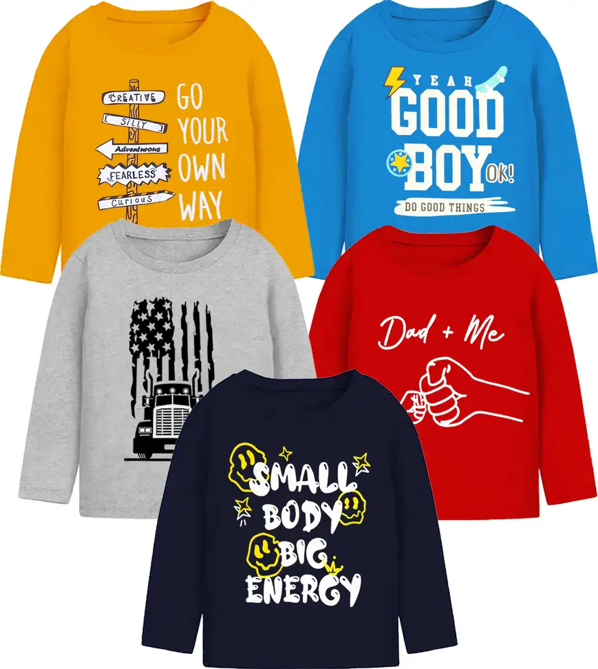 Boys & Girls Printed, Typography Pure Cotton T Shirt (Multicolor, Pack of 5)