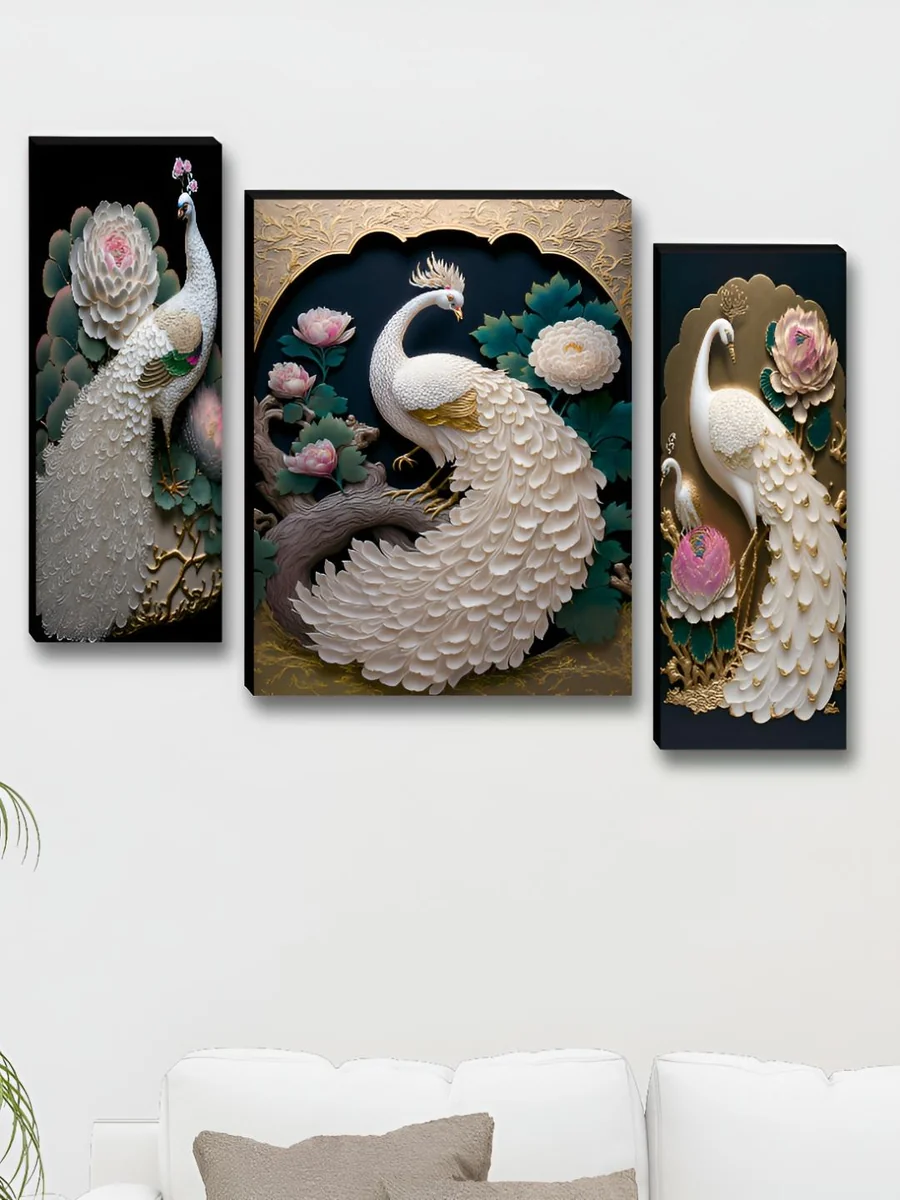 Buy SAF Green & Cream 3 Pieces Peacock Printed Wooden Wall Art -  - Home for Unisex