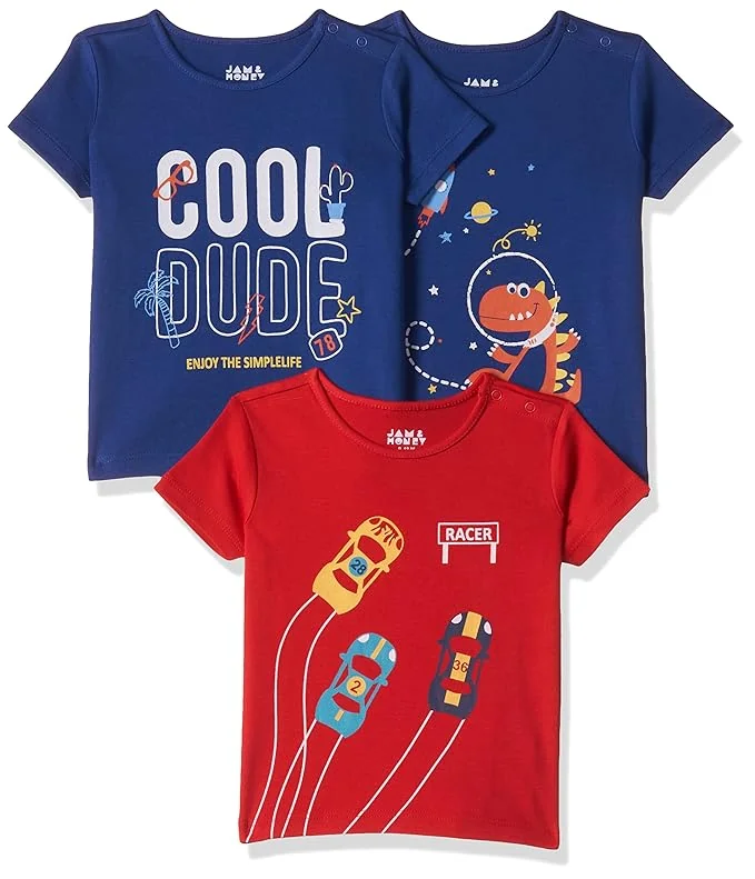 Amazon Brand - Jam & Honey Regular Fit Baby Boys 100% Cotton Printed Half Sleeves T-Shirt | Age 2-12 Years (Pack of 3)
