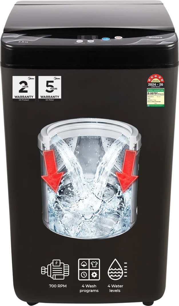 Midea 7.5 kg Fully Automatic Top Load Washing Machine Black
