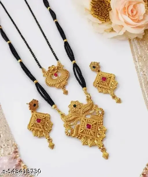 New Fancy Trandig Gracefull Mangalsutras Combo [ pack of 2 ]VERENT TRADITIONAL GOLD PLATED BLACK BEADS TWO 24 INCH "MANGALSUTRA" WITH EARRING FOR WOMEN, COMBO MANGASLUTRA [ BUY 1 GET 1 FREE]