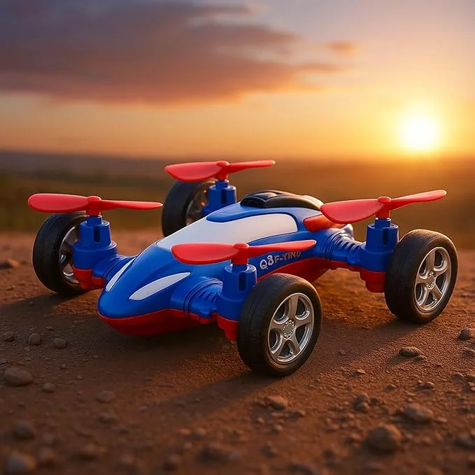 GRAPHENE Drone Flying Car Toy Friction Powered Realistic Moving Fans 4 Rotors with Red Propeller Blades 360° Wings Rotation Pullback Opening Push and Go Forward Backward Multicolor Vehicle Design