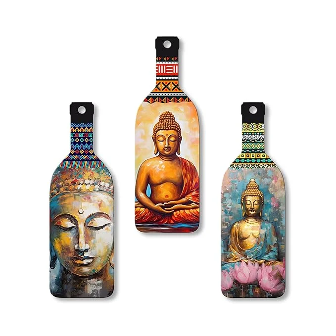Artvibes Meditating Gautam Buddha Wooden Wall Hanging for Home Decor | Decoration Items for Livingroom | Art Item for Office | Decorative Mdf Wall Hanger Artwork (WH_9507N), (Set of 3)