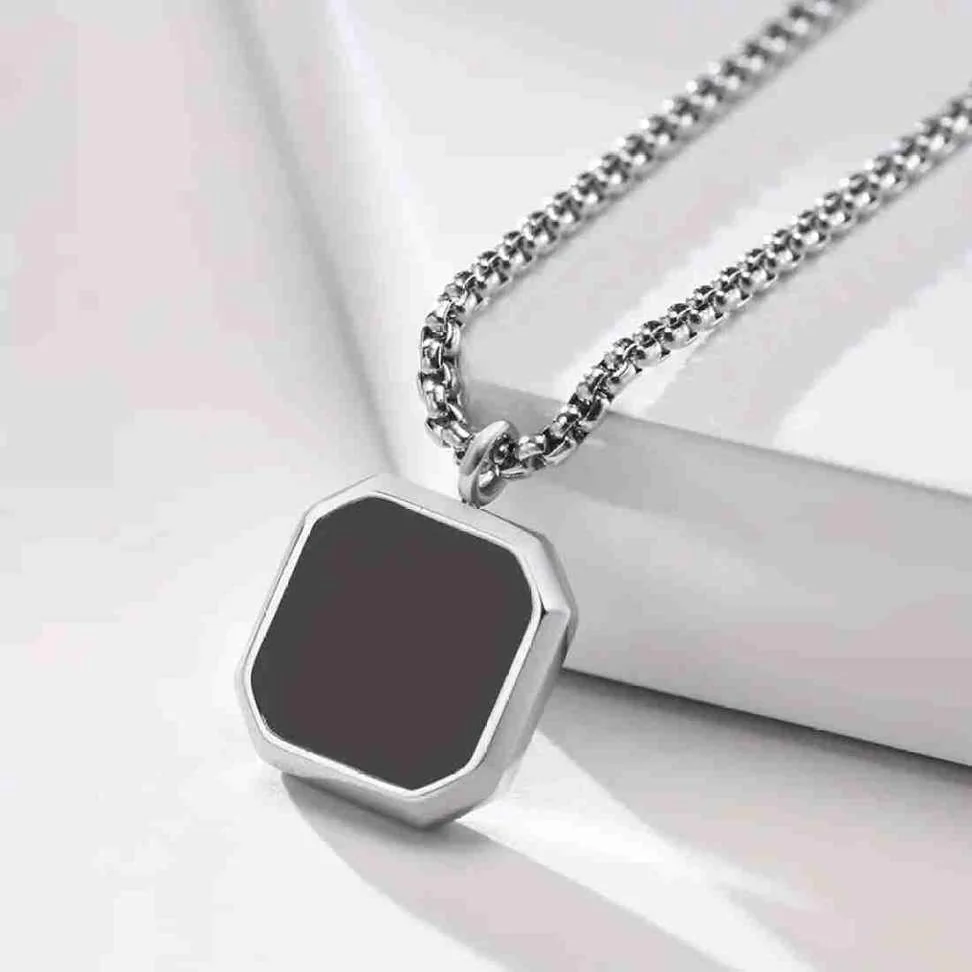 Square Natural Stone Pendant Locket Sterling Silver Steel