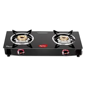 Pigeon Aster Gas Stove 2 Burner with High Powered Brass Burner, Gas Cooktop with Glass Top and Powder Coated Body, black, standard (14266)