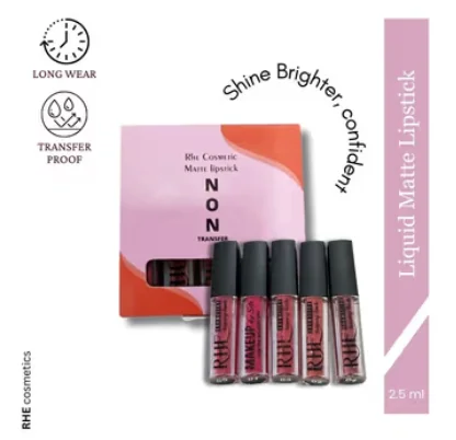 Rhe Cosmetics VelvetCrush Matte Waterproof, Non-Transfer, Long Lasting Liquid Lipstick- Pack of 5