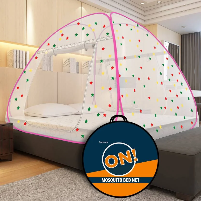 Supreme On Polyester Adults Washable Premium 6.5 Feet x 6.5 Feet Double Bed Machardani With Star,King Size Double Bed Mosquito Net  (Pink with 30 Star, Tent)