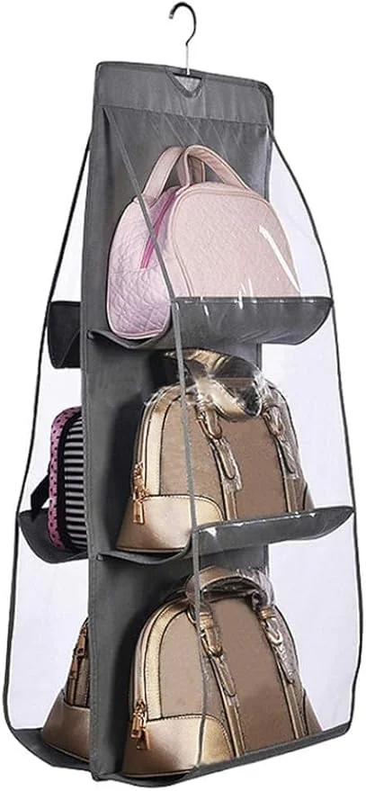 RAGGLE Hanging Purse Organizer for Closet, 6 Pockets Handbag Holder for Foldable Shelf, Upgrade Dust Proof Organizer with Metal Hooks