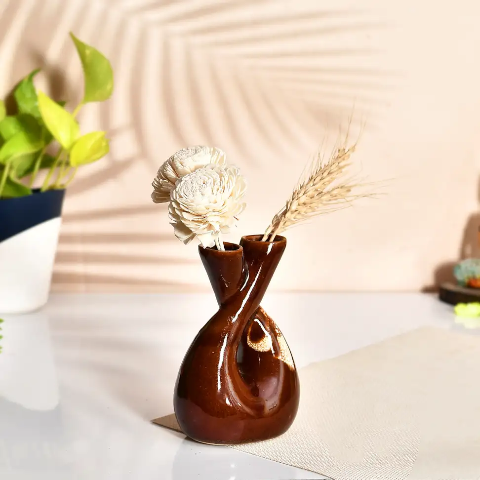 Ceramic Donut Vase/Flower Vase Pampas Grass Vase/Vase Home Decor Centrepiece/ Ceramic Vase (5.7 inch, Brown, Purple)