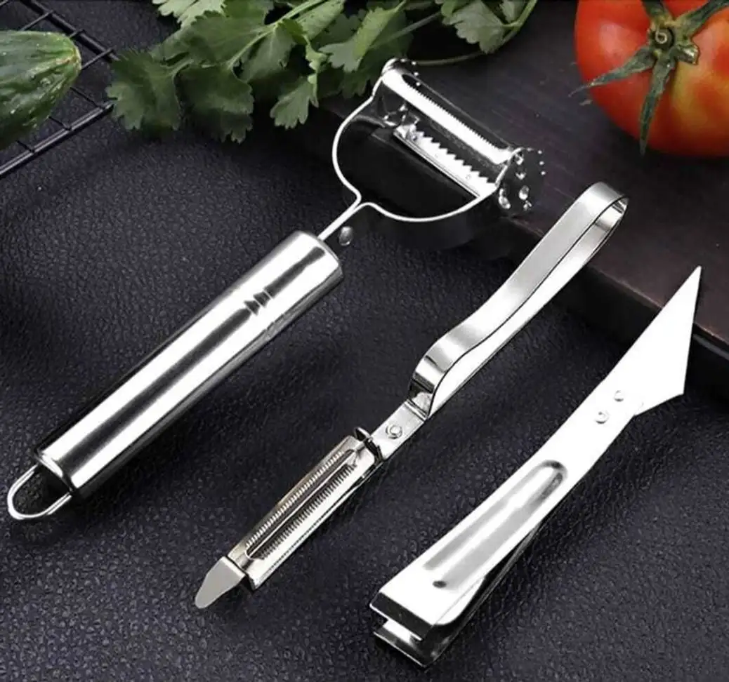 Stainless Steel Peeler, Knife, Clips Rotary Cutter Slicer for Vegetables, Fruits Y Shaped (Steel Pack of 3)