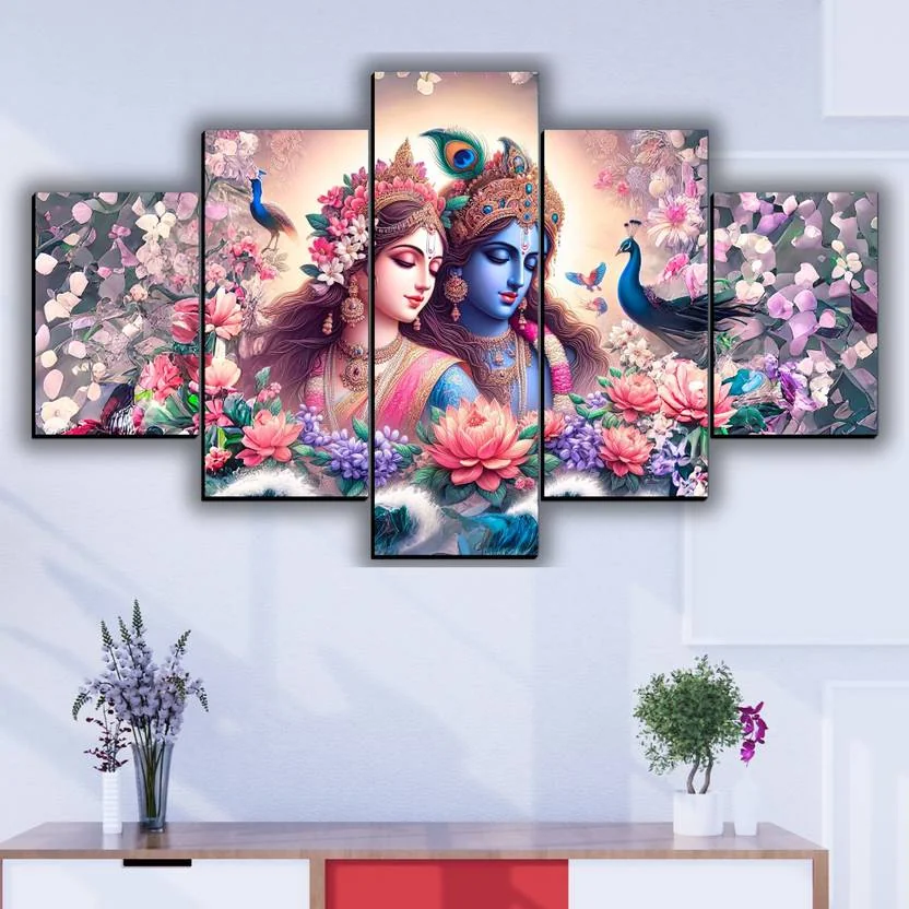SNDArt Set Of 5 Radha Krishna Wall Painting For Home Decor Gift Items Digital Reprint 18 inch x 30 inch Painting  (Without Frame)