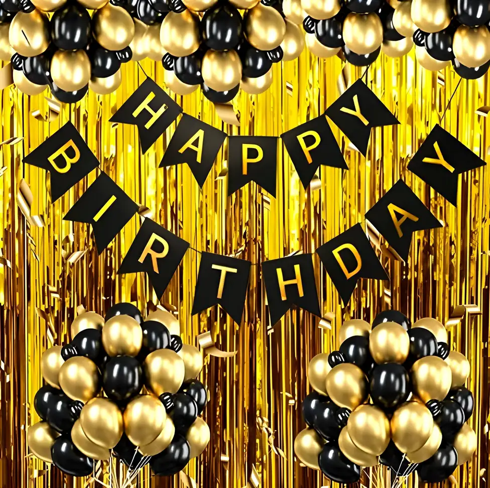 Solid Happy Birthday Golden Banner Latex Metallic balloons for decoration Balloon (Black, Gold, Pack of 36)