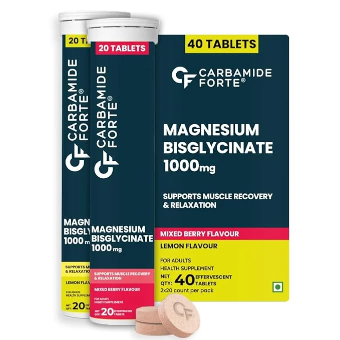 Carbamide Forte Magnesium Supplements Bisglycinate Effervescent Tablets 1000mg | Magnesium Glycinate Tablets | Supports Sleep, Muscle Cramp & Nerve Function - 2 X 20 Tablet - Lemon & Mixed Berry Flavour