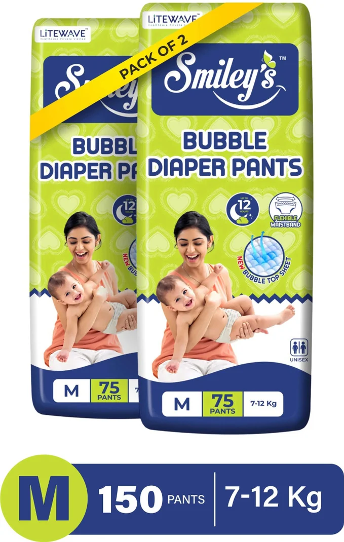 LITEWAVE Smiley's M Size Bubble Baby Diaper Pants Up to 12 Hours Protection | 7- 12 kg - M