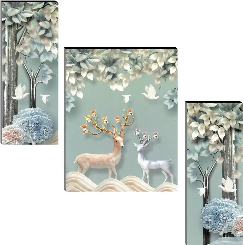 Indianara Set of 3 Deers MDF Art Painting (4064FL) without glass Digital Reprint 18 inch x 12 inch Painting  (With Frame, Pack of 3)