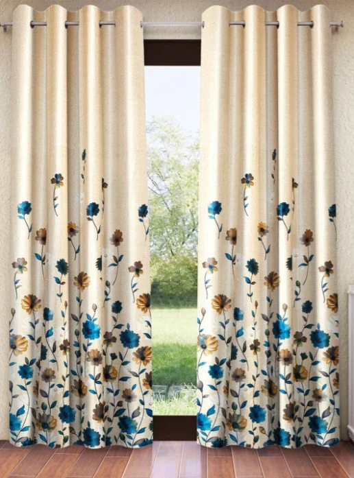 Home Sizzler Cream-Coloured & Blue 2 Pieces Floral Printed Room Darkening Door Curtains