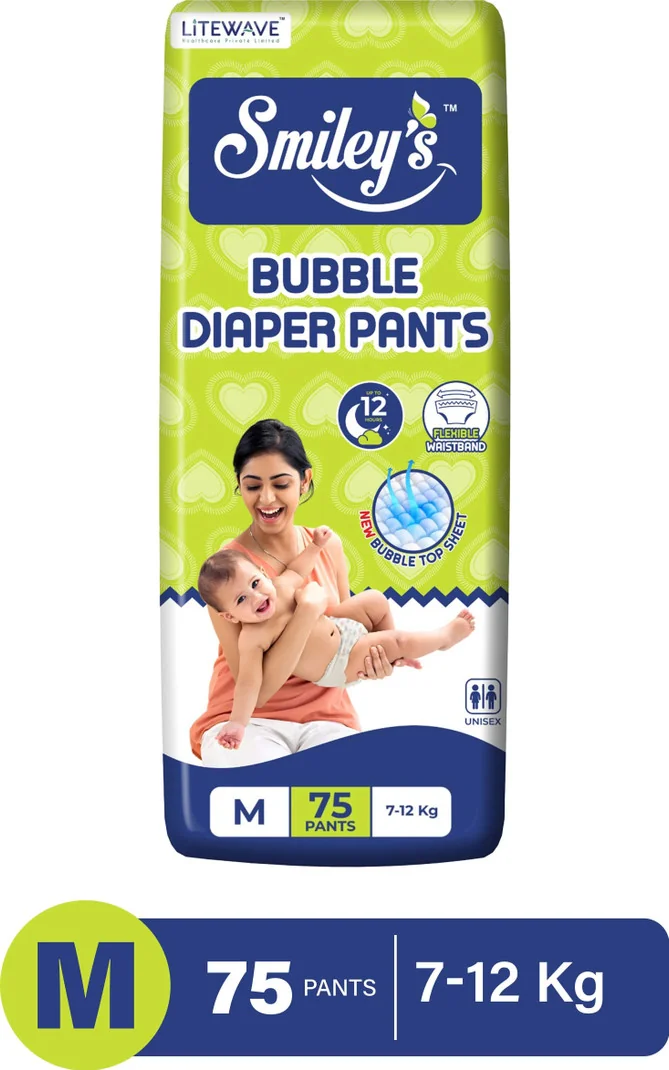 LITEWAVE Smiley's Bubble Baby Diaper Pants Up to 12 Hours Protection | 7- 12 kg - M