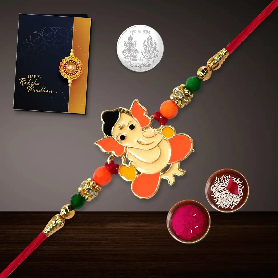 Kids Rakhi (Rakhi gift for brother, Golden Rakhi, Roli&Chaval, Greeting Card, Coin)