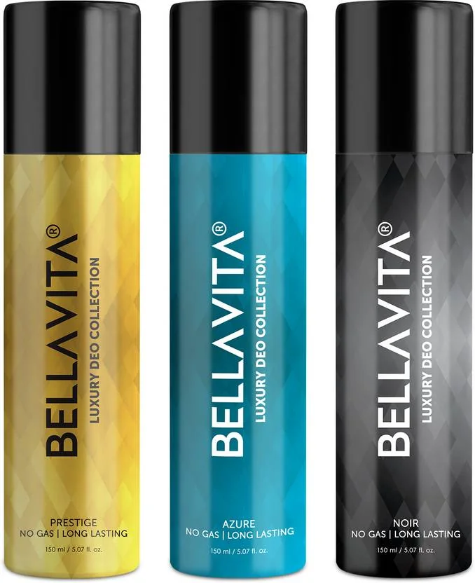 BELLAVITA Noir,Azure & Prestige Deo Parfum Combo|3x150ml|Long lasting Body spray| Deodorant Spray  -  For Men & Women  (450 ml, Pack of 3)