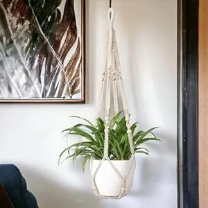 ecofynd 1 Pack Macrame Plant Hanger Indoor Hanging Planter Basket with Wood Beads Decorative Flower Pot Holder for Indoor Outdoor Boho Home Decor 35 Inch, Ivory (POTS NOT Included)