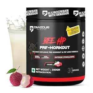DENZOUR NUTRITION Bee-Hp Pre-Workout | 250mg Caffeine + 750mg Creatine + 4500mg Beta-Alanine | Muscle Pump & Fat Loss Formula | Lychee Flavour | 300g | 30 Servings