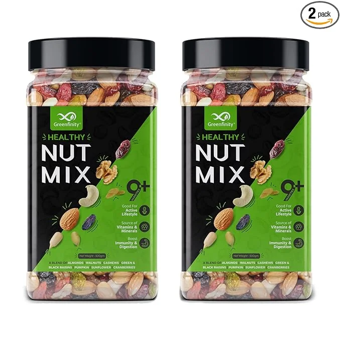 GreenFinity Absolute Health, Premium Fruit, Nut & Fiber SuperMix, Healthy Mixed Nuts with Dry Fruits | Almonds | Cashews | Cranberry | Pumpkin Seeds | Walnuts, Reusable Jar, 500gm | PACK OF 2