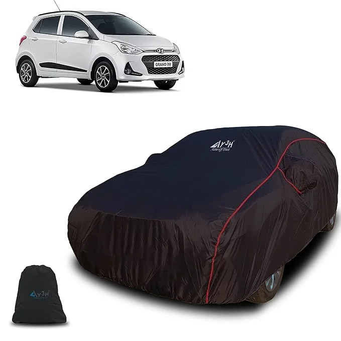 Y3H Fully Waterproof Car Body Cover Compatible with Hyundai i10 Grand with Mirror Pocket, Scratch Proof, Anti-Dust, UV Protection with Windproof Belt & Buckle, Bottom Elastic (Red Piping Design)