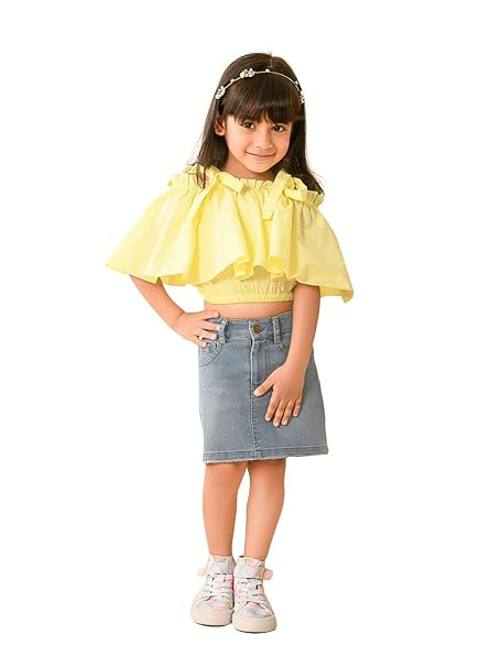 LILPICKS Girls Solid Off Shoulder Frilled Crop Top