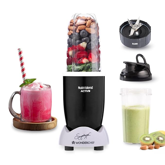 Wonderchef Nutri-blend Activ Mixer Grinder Blender, Smoothie Maker, 500W 22000 RPM 100% Full Copper Motor, 2 Unbreakable Jars, SS Blades, 2 Year Warranty, Recipe book by Chef Sanjeev Kapoor, Black