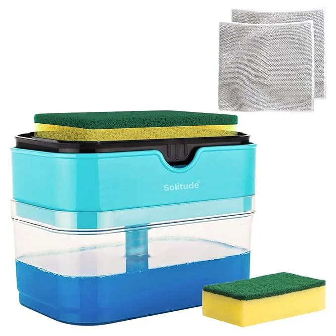 Solitude Soap Dispenser - Sponge Holder Dish Sink Dishwashing Liquid Instant Refill Durable 2-in-1 Soap Dispenser with 2 Sponge & 2 Dishwash Cloth for Kitchen, Liquid Dish Wash Pump Dispenser (400ml)
