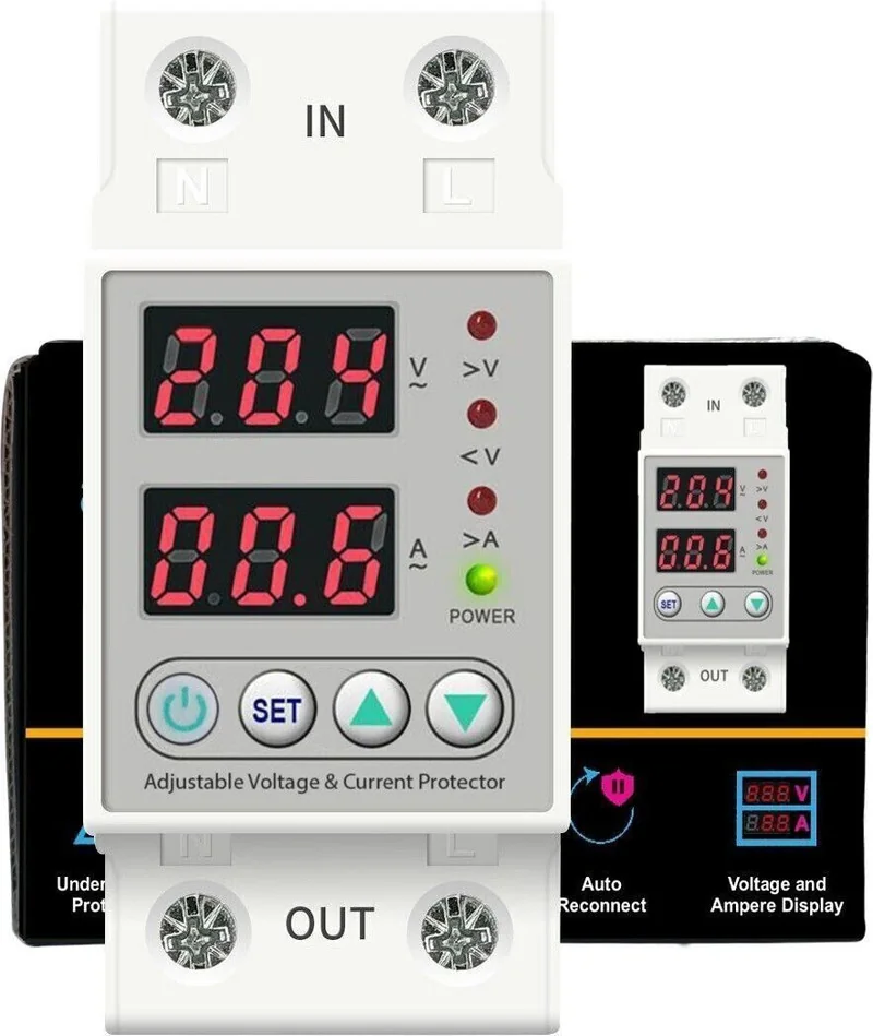 amiciSmart Automatic Over/Under Voltage (Adjustable Setting) Protection with Auto Re-Connect LED Display Standard Din-Rail Mounted Single Phase 220V, 63A Voltage Protection