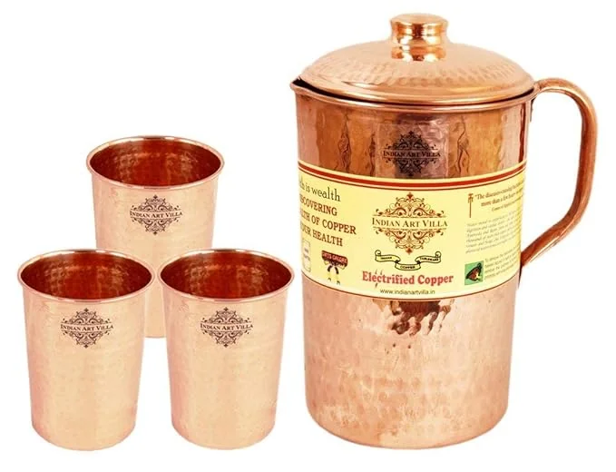 Indian Art Villa Copper Jug Pitcher with 3 Glass Tumbler Set, Storage Water Drinkware, 4 Pieces