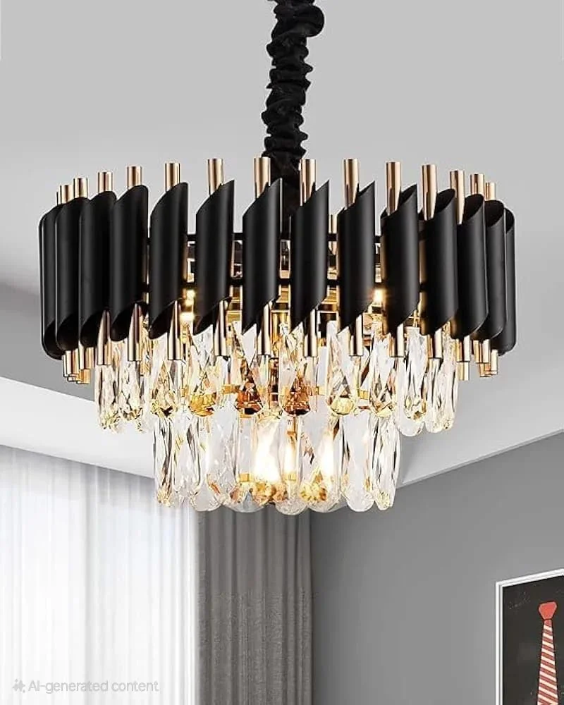 ADWAIT Modern K9 Crystal Chandeliers Gold -2Tier Round Crystal Chandelier for Living Room Colors.Warm White, Moon Light, Golden,Led Plate Included. (Round Black Gold, 300MM)