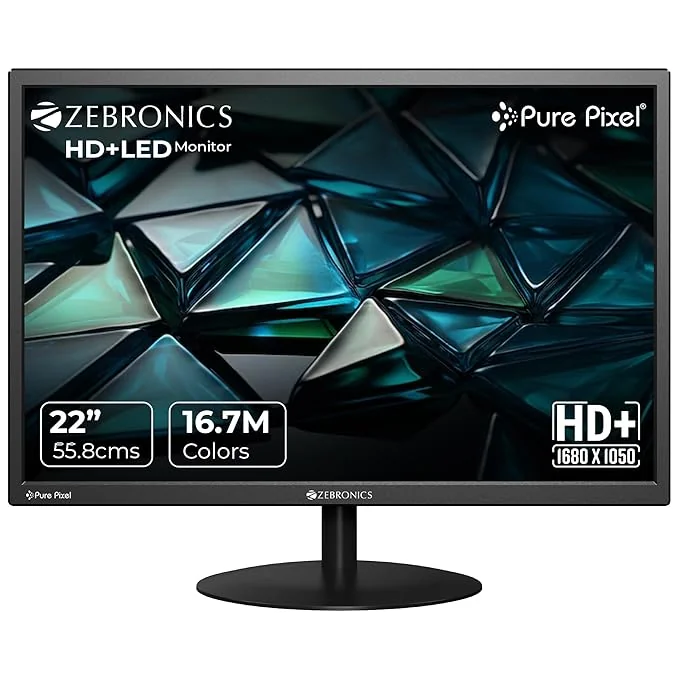 ZEBRONICS V22HD+LED, 22 Inch (55.8cm) LED Monitor, Dual HDMI & VGA Input, HD+1680 x 1050, 220nits Brightness, 5000000:1 Dynamic Contrast Ratio, 16.7M Colors,16:10 Aspect Ratio, Wall Mountable