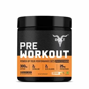 Bolt Nutrition Pre Workout Supplement With Caffeine, Citrulline Malate, B-Alanine, Taurine | For Explosive Energy, Pump & Focus | 300g, 30 Servings | Orange Tangy