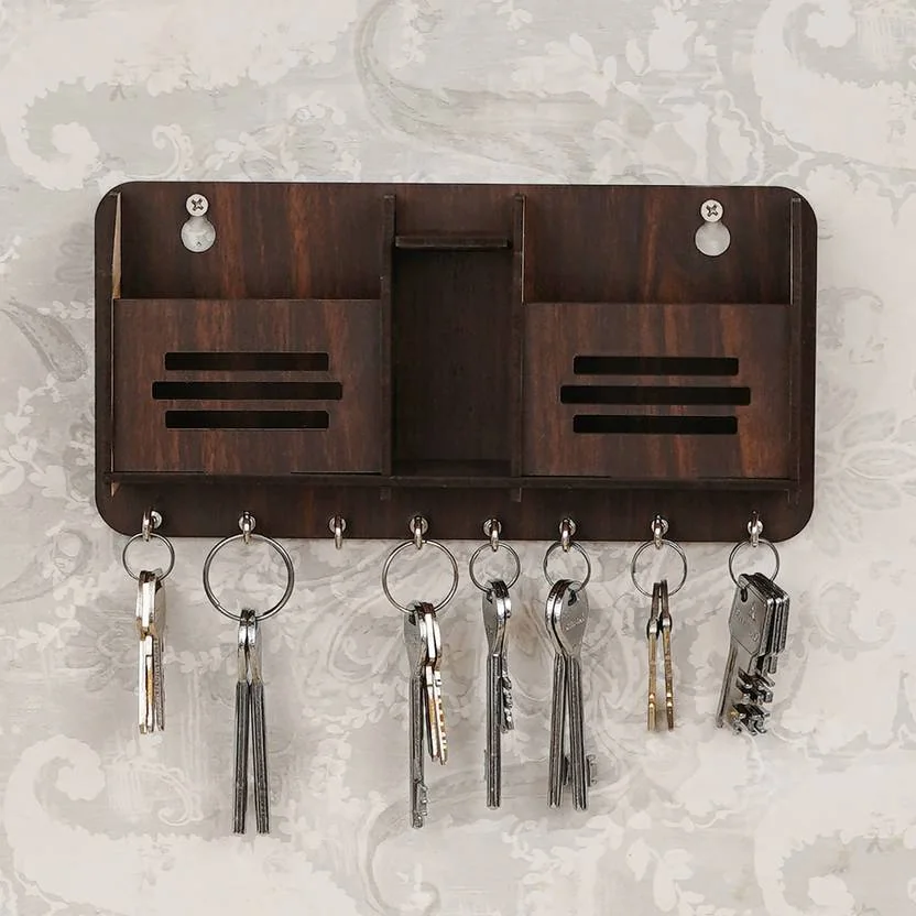 CAPIO ART Yoga Mudra with Mobile Stand Wood Key Holder  (8 Hooks, Brown)