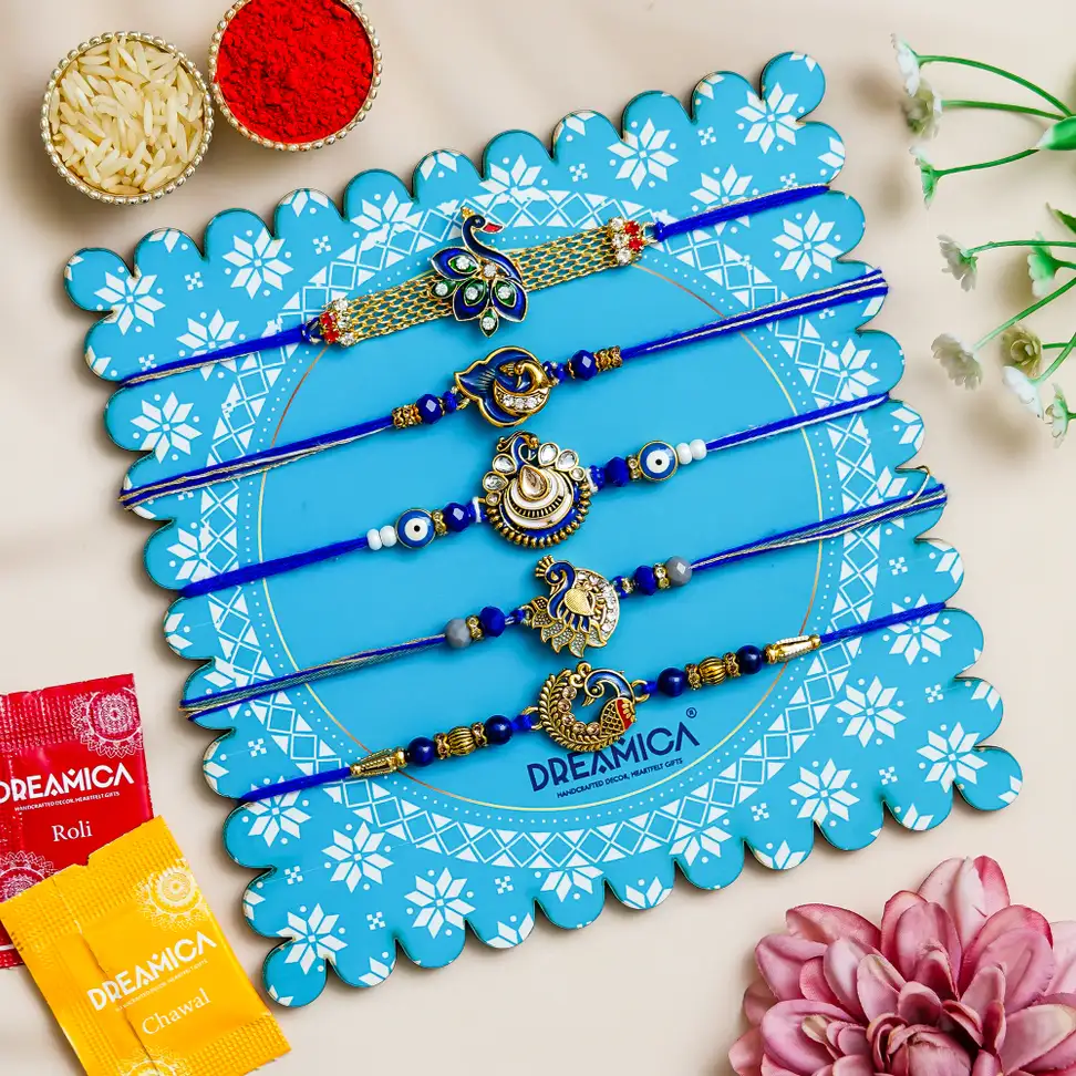 Designer Rakhi, Chawal Roli Pack, Greeting Card (5 Rakhi, 1 Roli Chawal Pack, 1 Greeting Card)