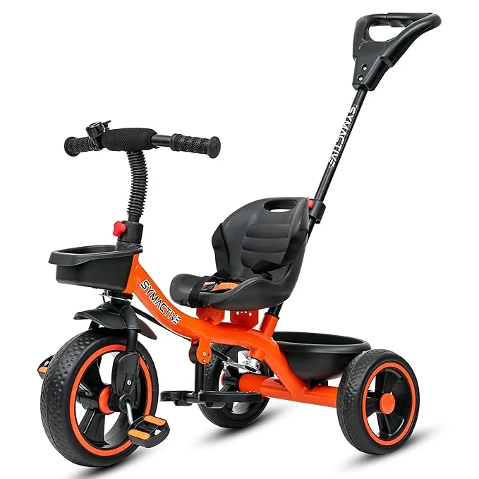 Amazon Brand - Symactive Tricycle for Kids | Plug N Play | Baby Cycle with Parental Control, EVA Wheels, Bell, Seat, Belt & Basket | 2+ Years Unisex | Maximum User Weight Limit 25 Kgs | Orange
