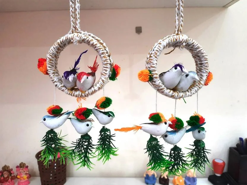 HUBBER Home & Office Decoration Artificial hanging Birds Set Of 2  (30 cm X 4 inch, Multicolor)